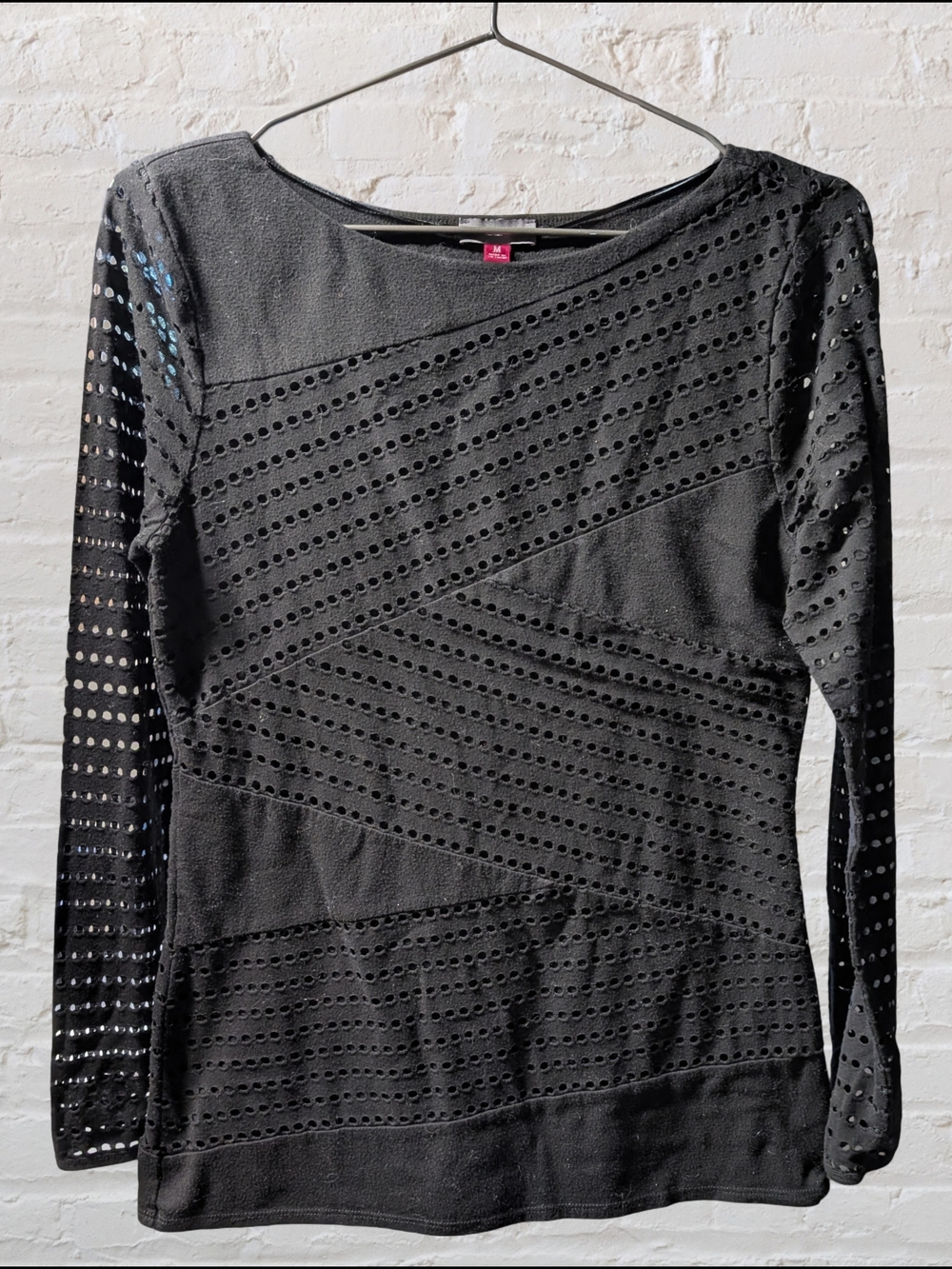 Vince Camuto Black Long-Sleeve Eyelet Knit Top